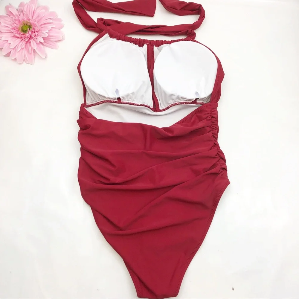 NEW Cupshe Keep Secrets Halter One Piece Swimsuit: Dark Brick Red